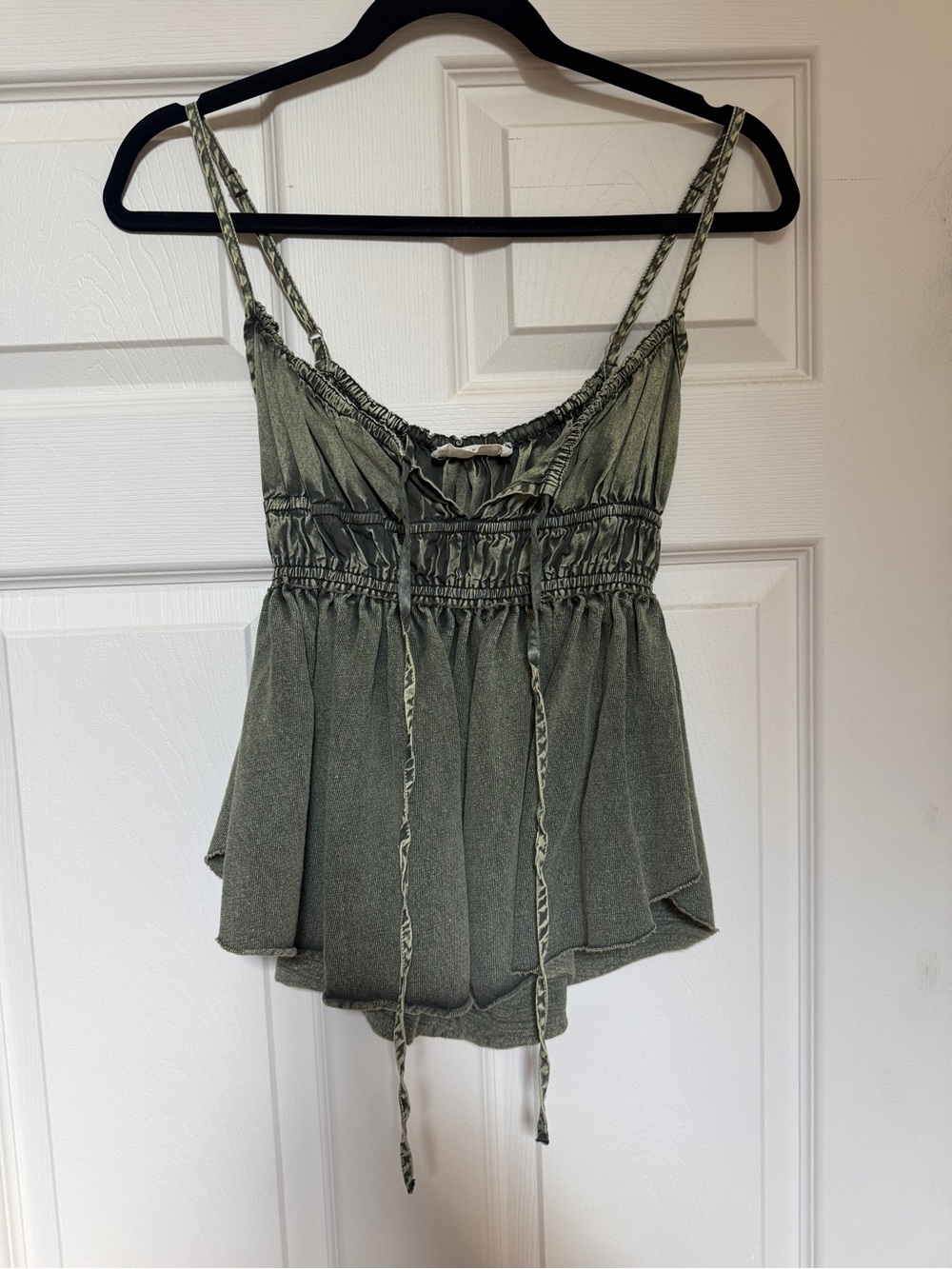 We The Free Free People Olive Green Smocked Tie-Front Cami